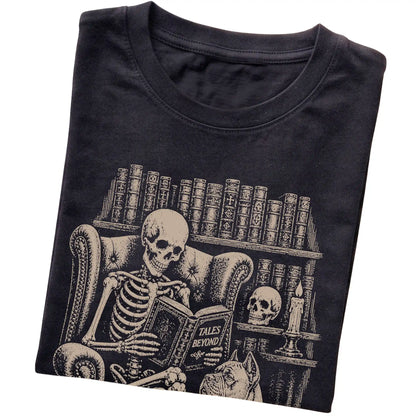 Folded Black T-shirt with a skeleton reading Tales Beyond to a Cane Corso