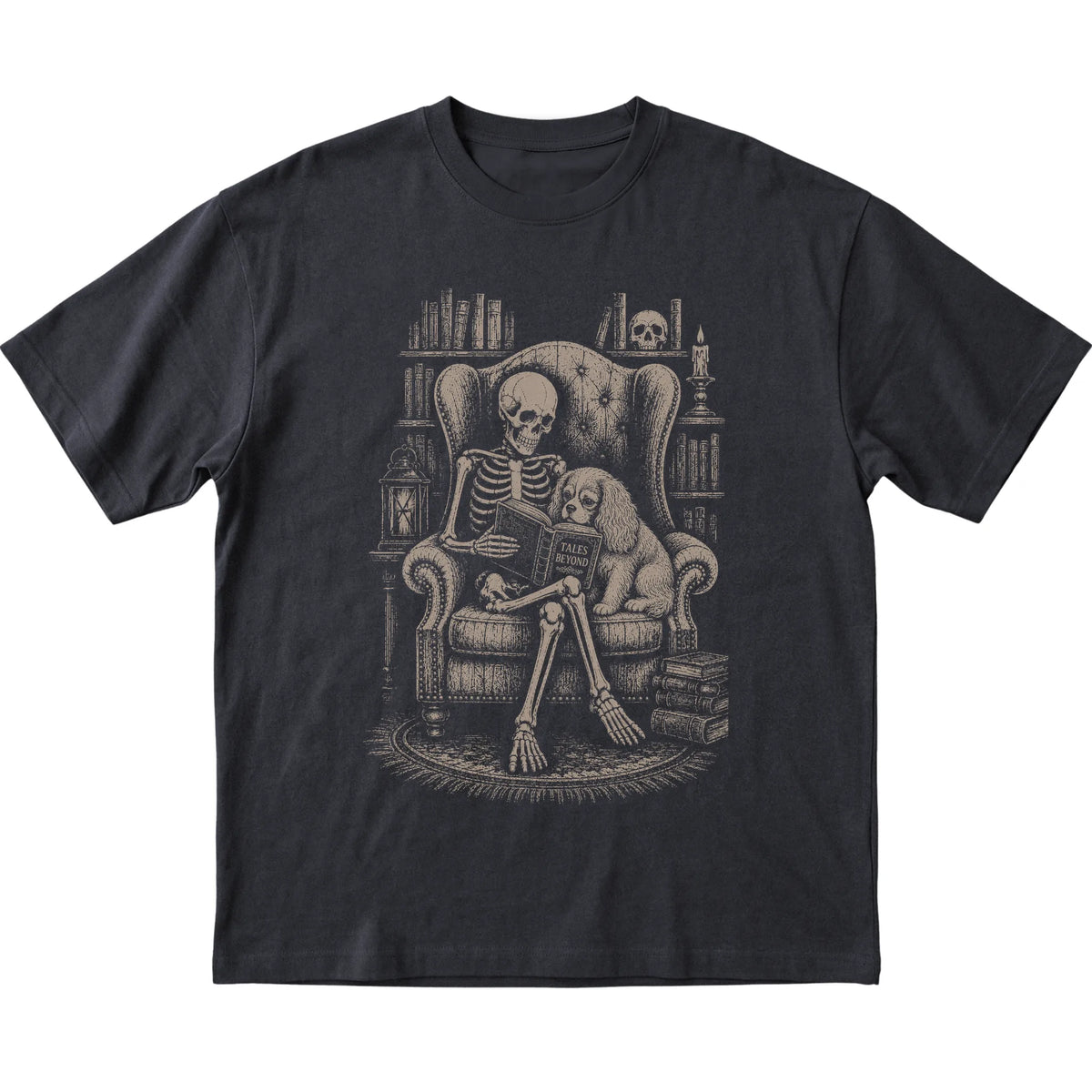 Skeleton reading Tales Beyond to a Cavalier on a Black T-shirt
