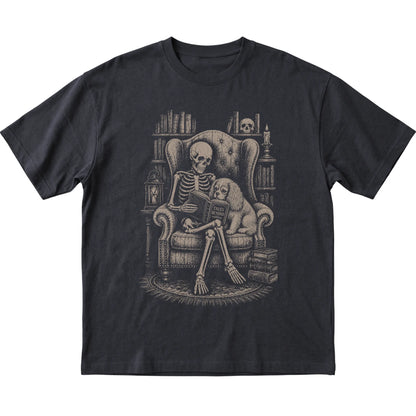 Skeleton reading Tales Beyond to a Cavalier on a Black T-shirt