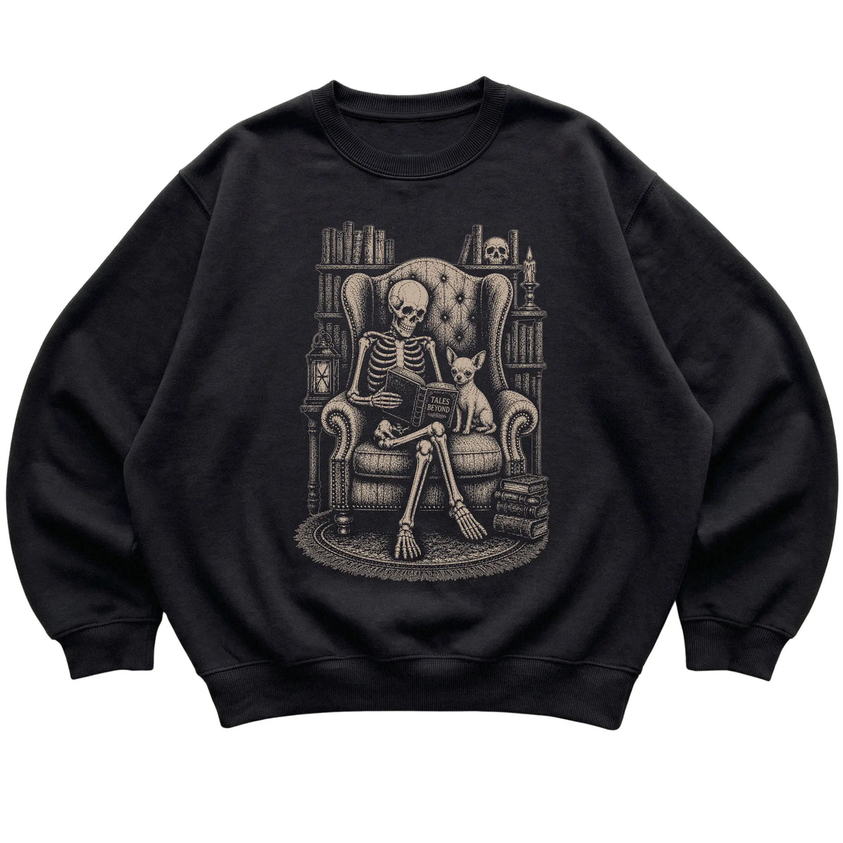 Skeleton reading Tales Beyond to a Chihuahua on a Black sweatshirt