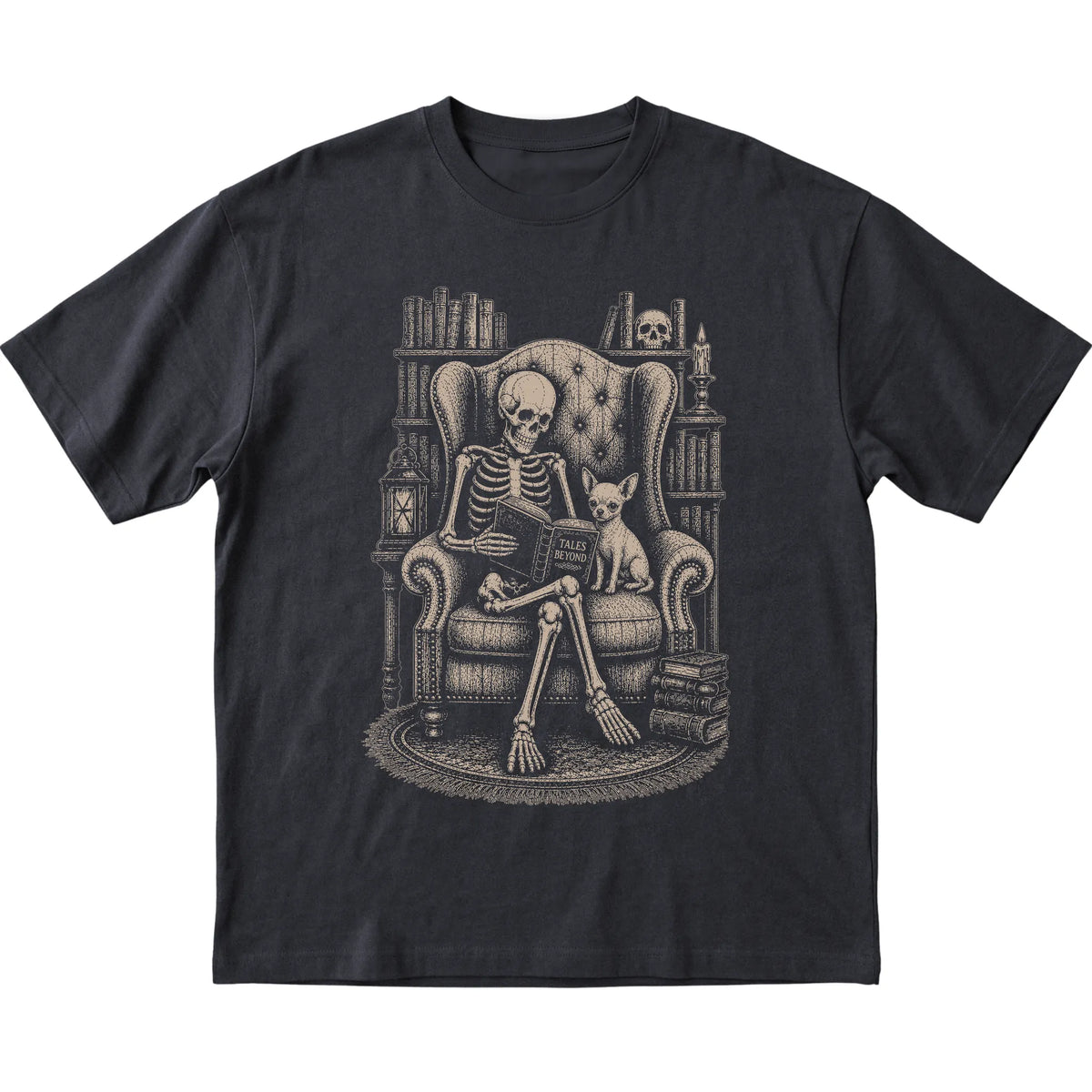 Skeleton reading Tales Beyond to a Chihuahua on a Black T-shirt