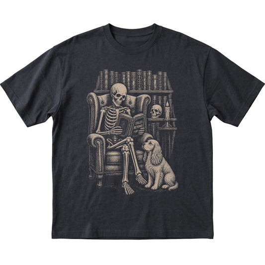 Skeleton reading Tales Beyond to a Cocker Spaniel on a Black T-shirt