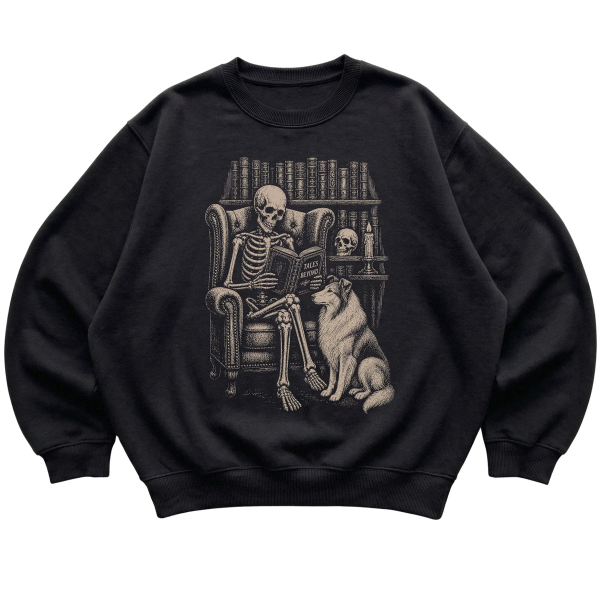 Skeleton reading Tales Beyond to a Collie on a Black sweatshirt