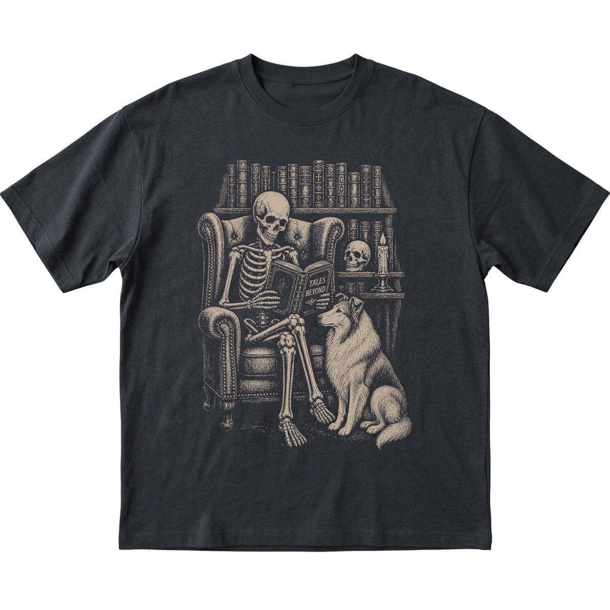 Skeleton reading Tales Beyond to a Collie on a Black T-shirt
