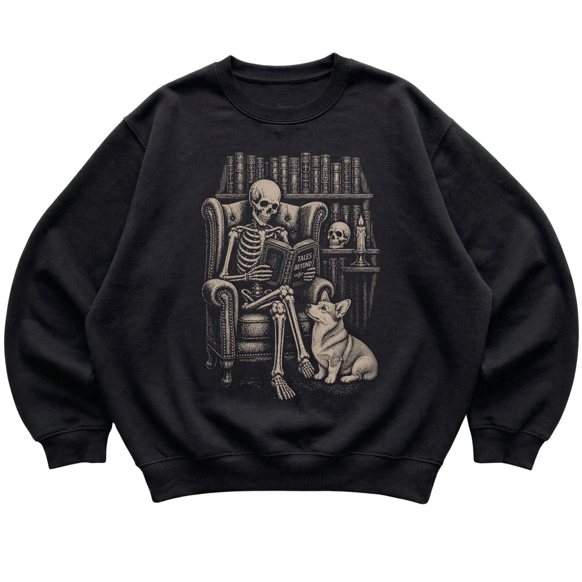Skeleton reading Tales Beyond to a Corgi on a Black sweatshirt