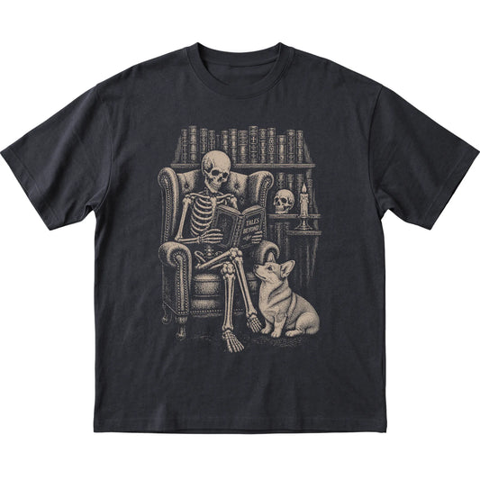 Skeleton reading Tales Beyond to a Corgi on a Black T-shirt