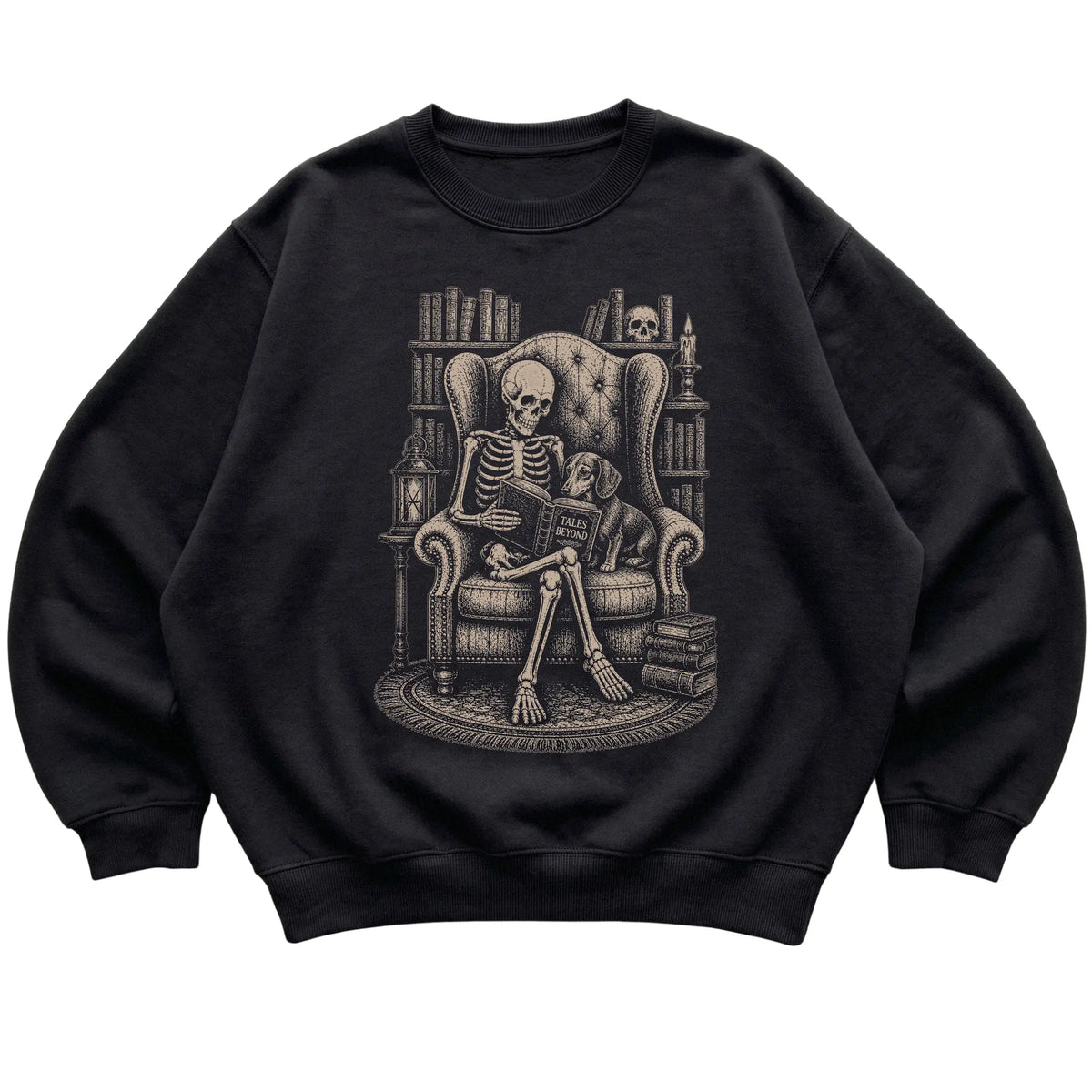 Skeleton reading Tales Beyond to a Dachshund on a Black sweatshirt