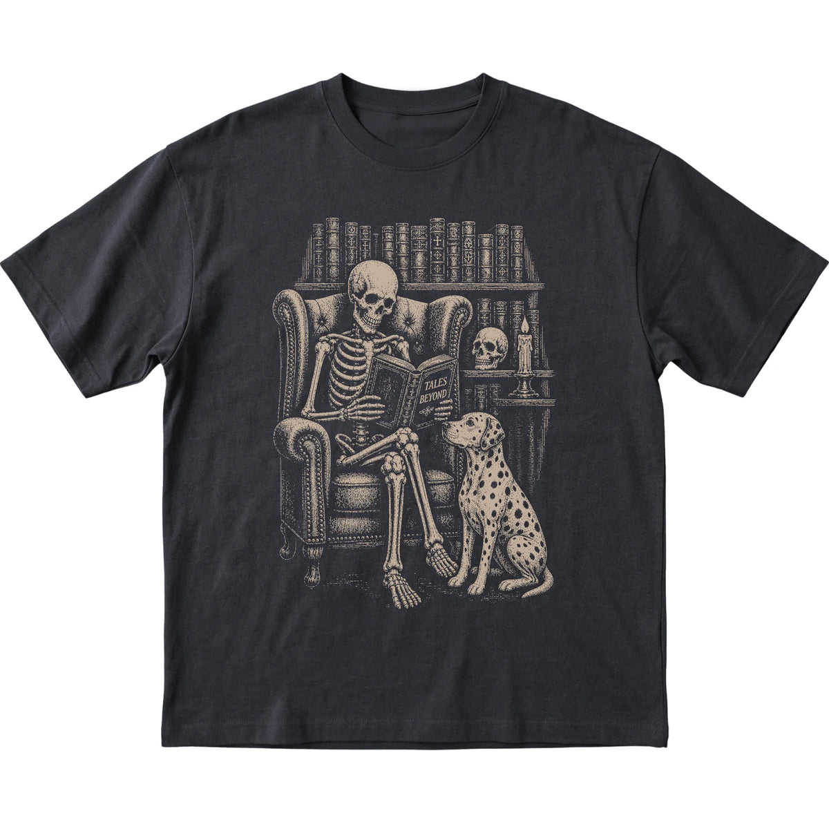 Skeleton reading Tales Beyond to a Dalmatian on a Black T-shirt