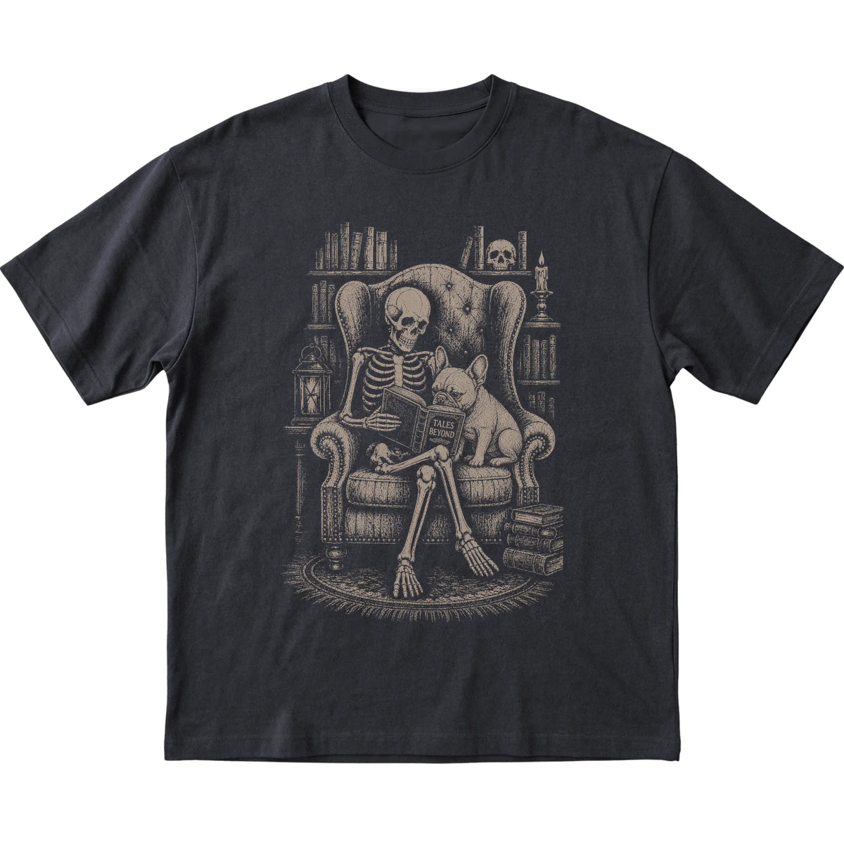 Skeleton reading Tales Beyond to a French Bulldog on a Black T-shirt