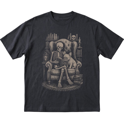 Skeleton reading Tales Beyond to a French Bulldog on a Black T-shirt
