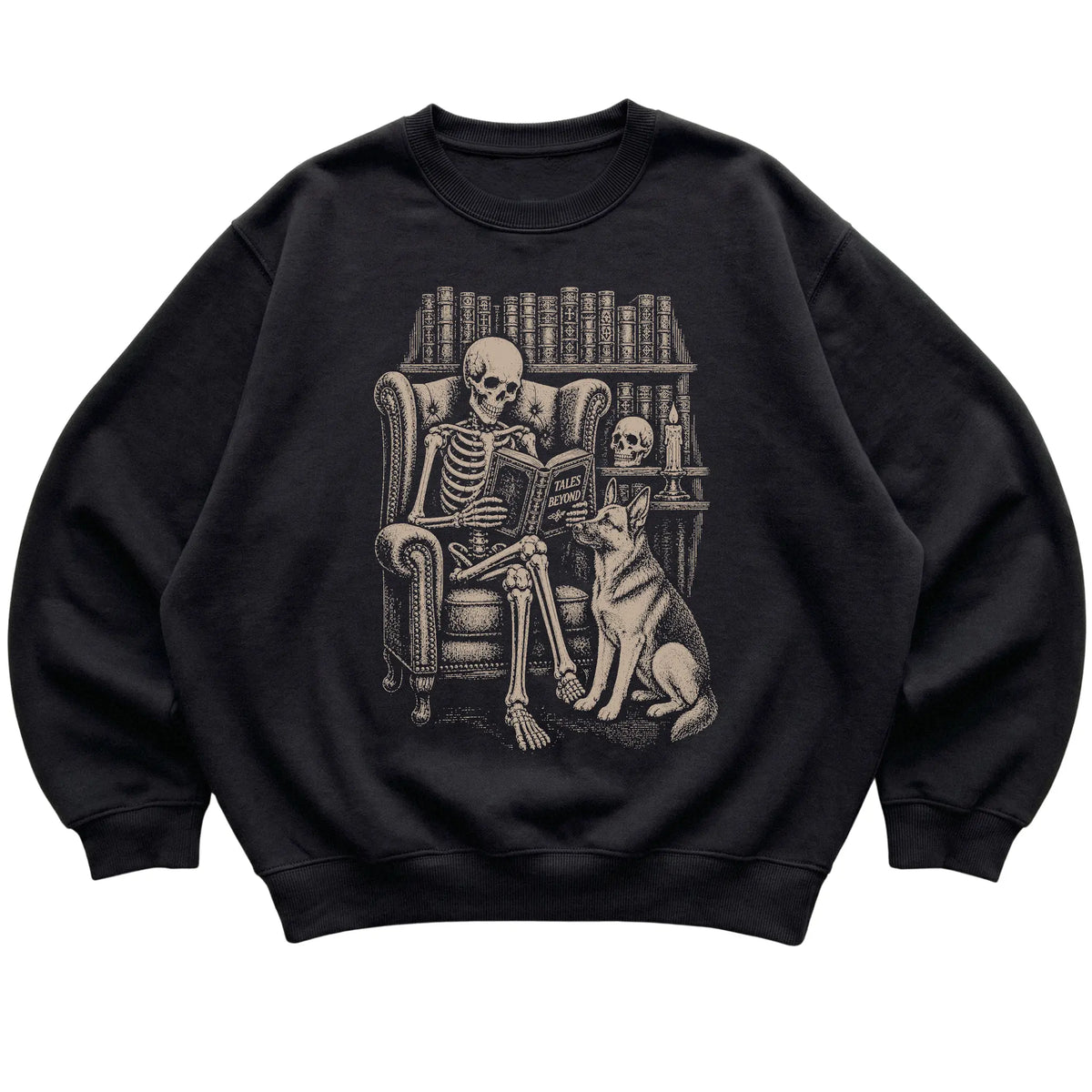 Skeleton reading Tales Beyond to a German Shepherd on a Black sweatshirt