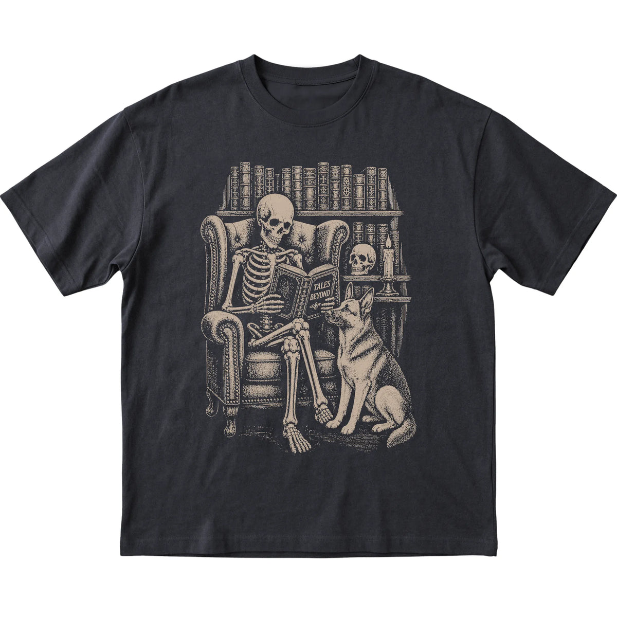 Skeleton reading Tales Beyond to a German Shepherd on a Black T-shirt