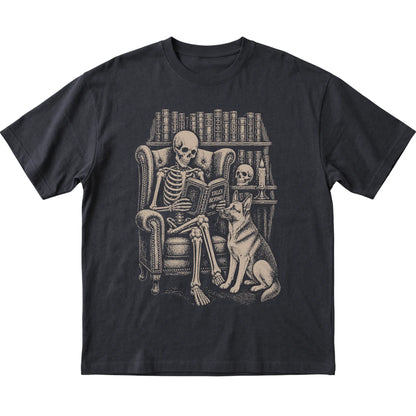 Skeleton reading Tales Beyond to a German Shepherd on a Black T-shirt