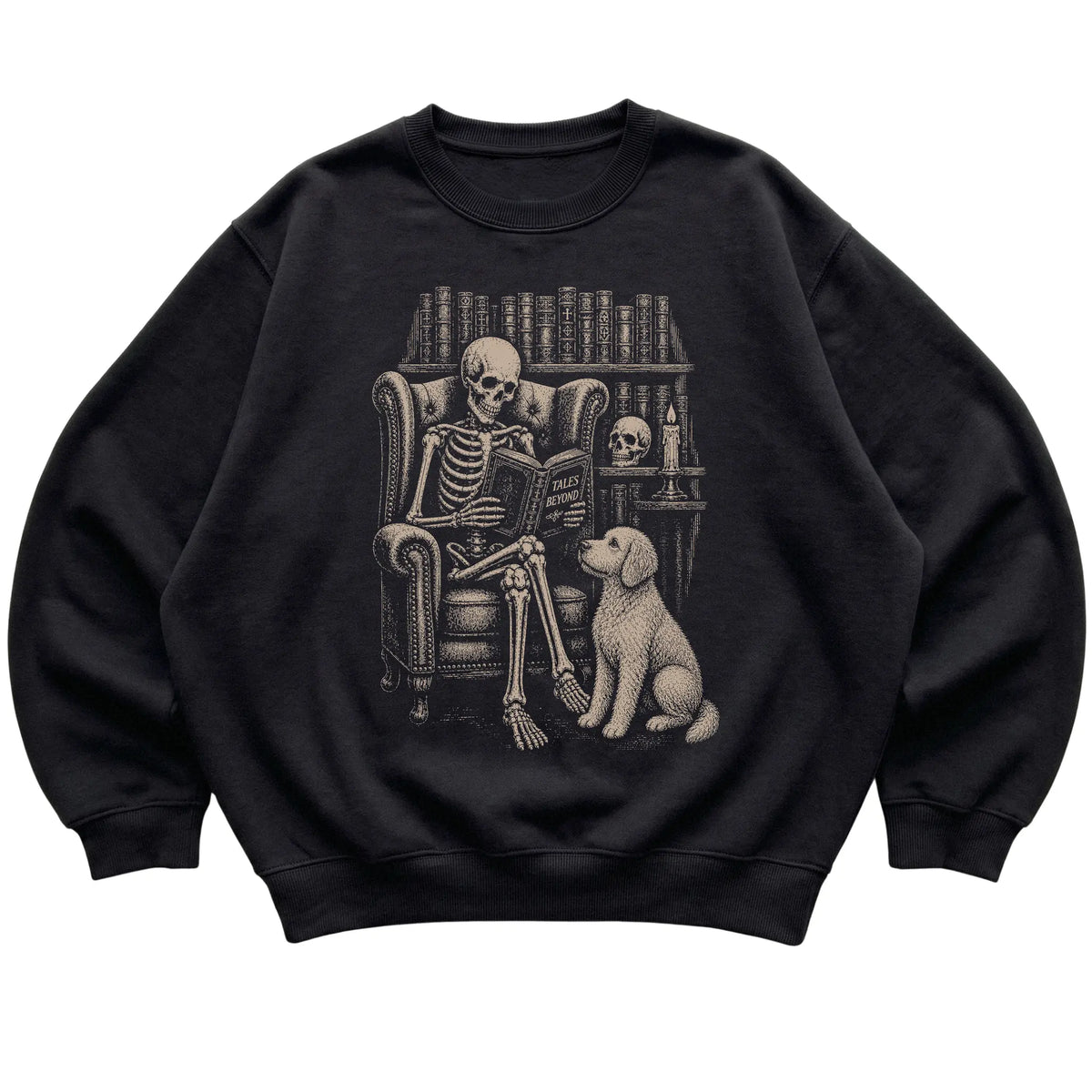 Skeleton reading Tales Beyond to a Goldendoodle on a Black sweatshirt