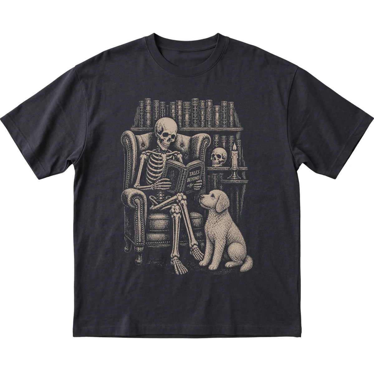 Skeleton reading Tales Beyond to a Goldendoodle on a Black T-shirt