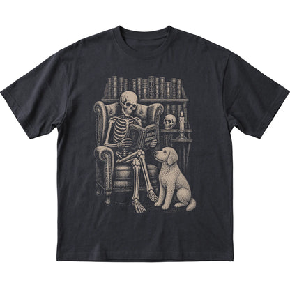 Skeleton reading Tales Beyond to a Goldendoodle on a Black T-shirt