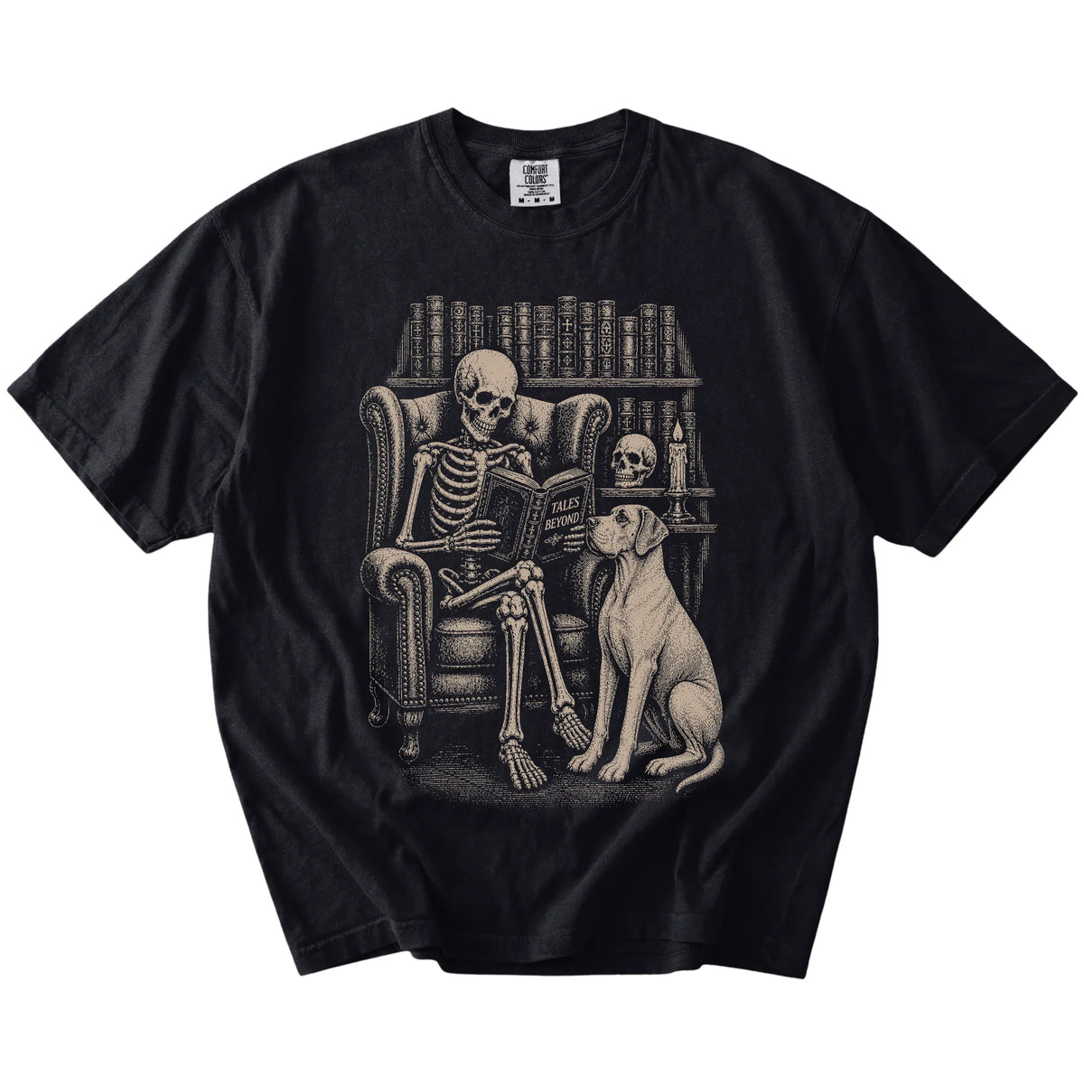 Skeleton reading in a library beside a Great Dane on a Black Comfort Colors® T-shirt