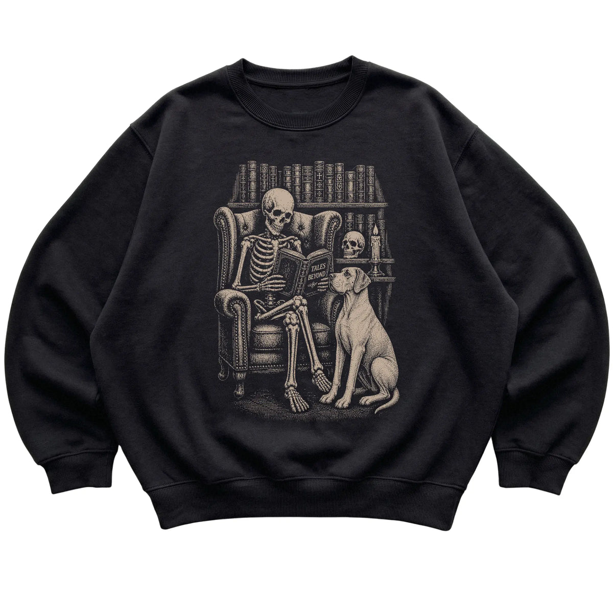 Skeleton reading Tales Beyond to a Great Dane on a Black sweatshirt