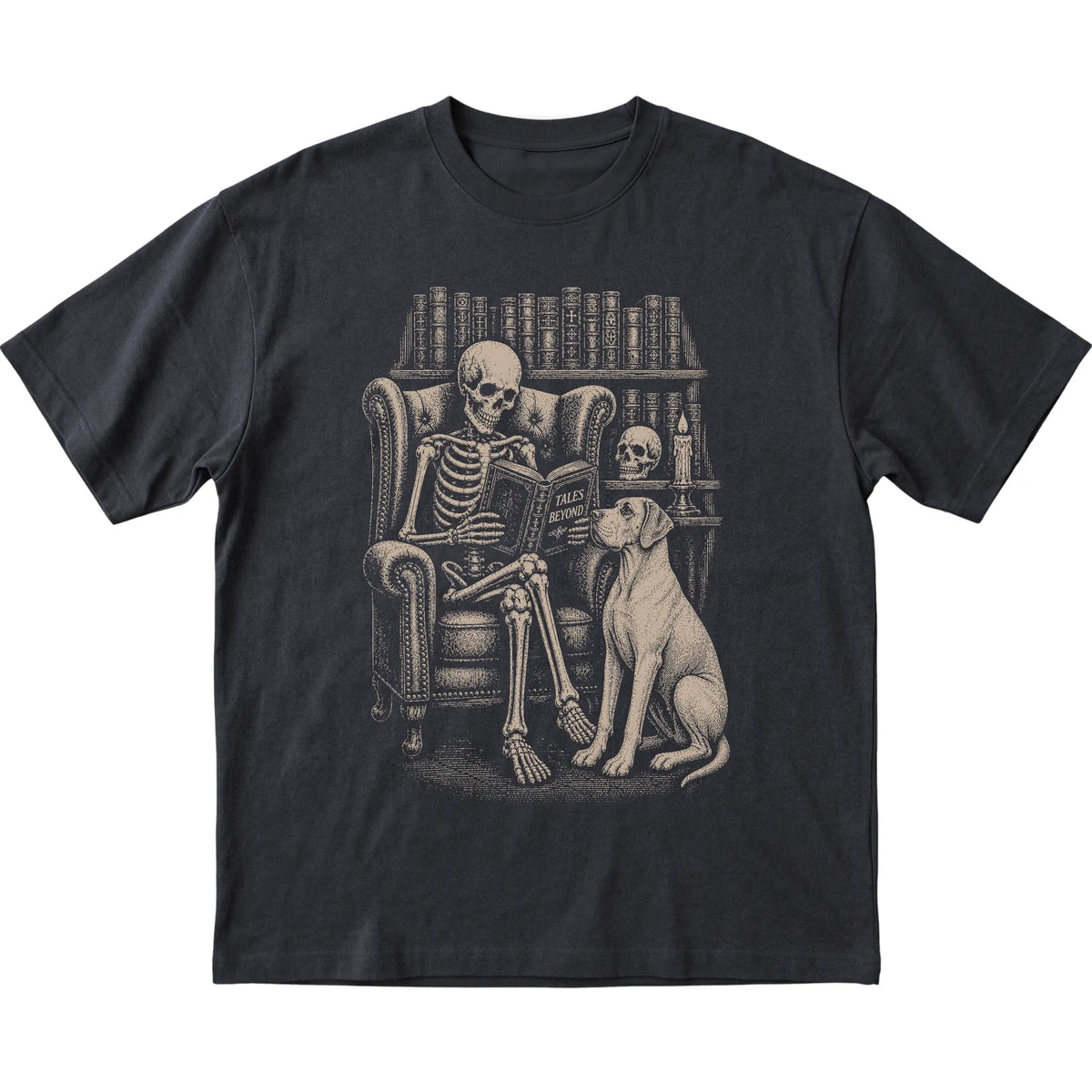 Skeleton reading Tales Beyond to a Great Dane on a Black T-shirt