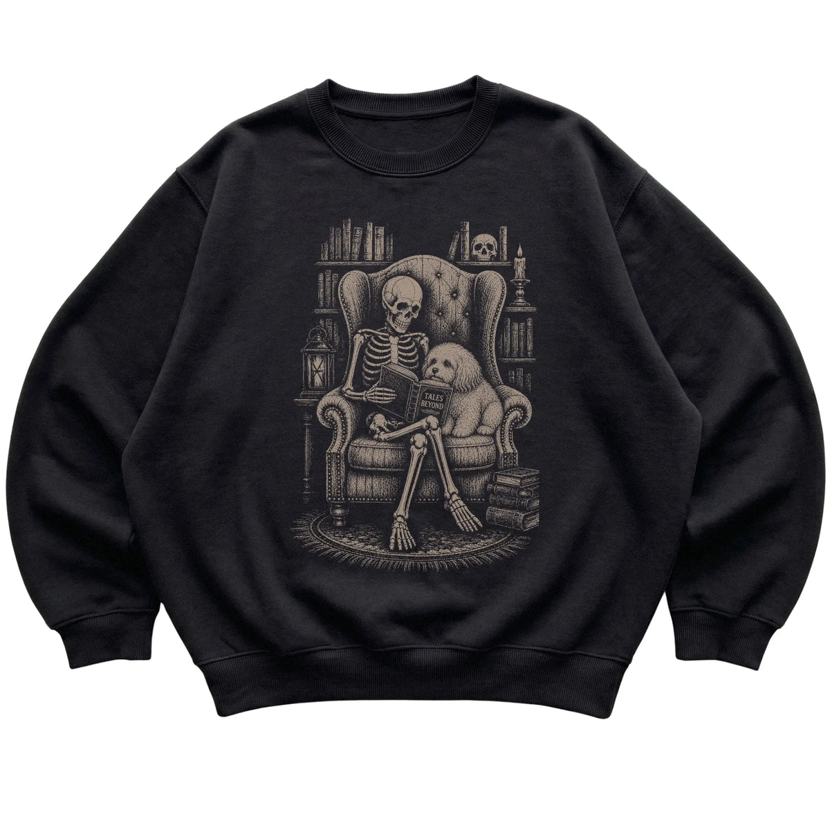 Skeleton reading Tales Beyond to a Havanese on a Black sweatshirt