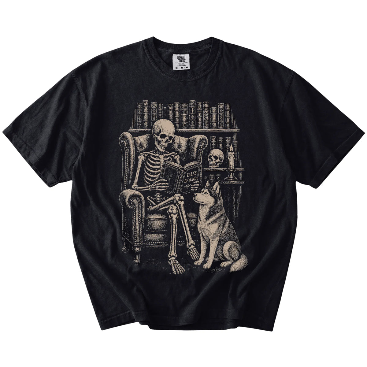 Skeleton reading in a library beside a Husky on a Black Comfort Colors® T-shirt