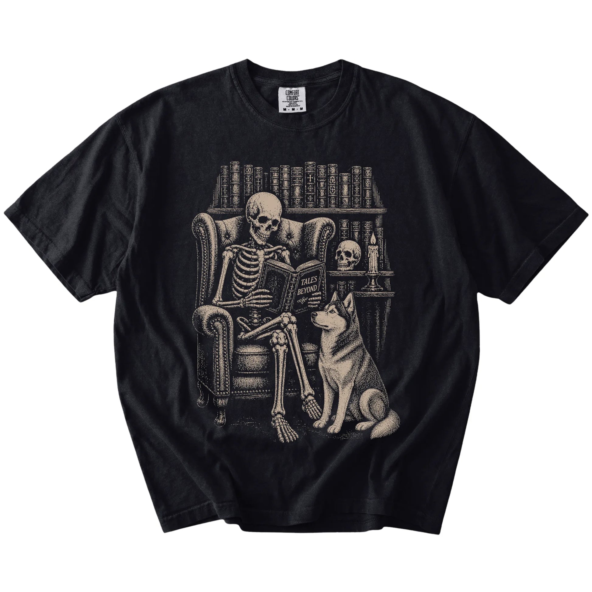 Skeleton reading in a library beside a Husky on a Black Comfort Colors® T-shirt