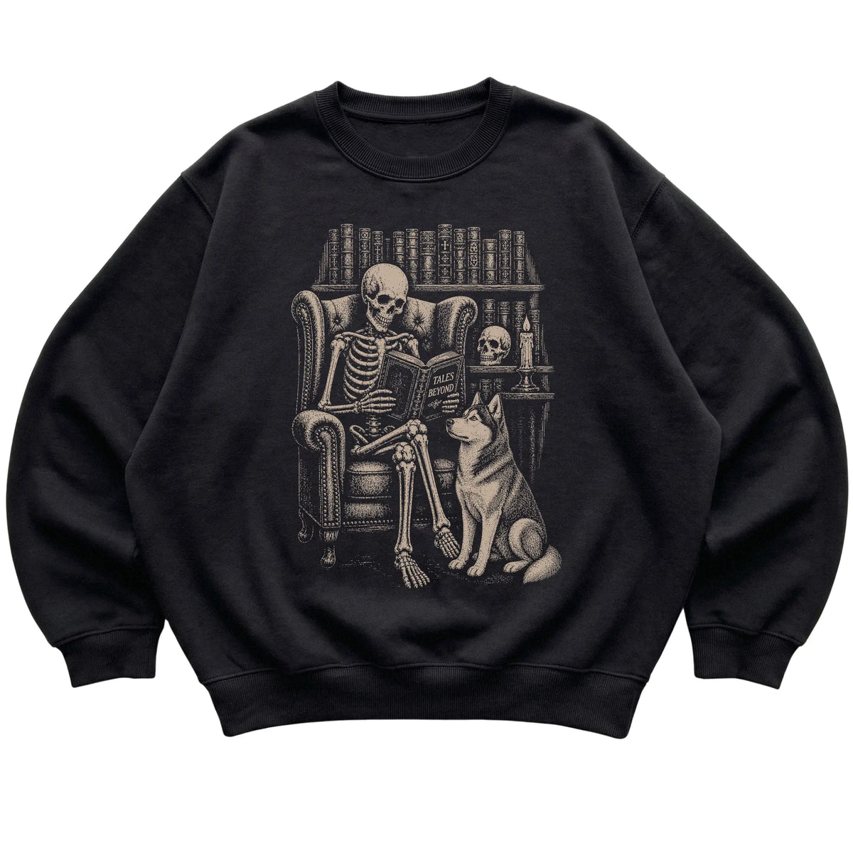 Skeleton reading Tales Beyond to a Husky on a Black sweatshirt