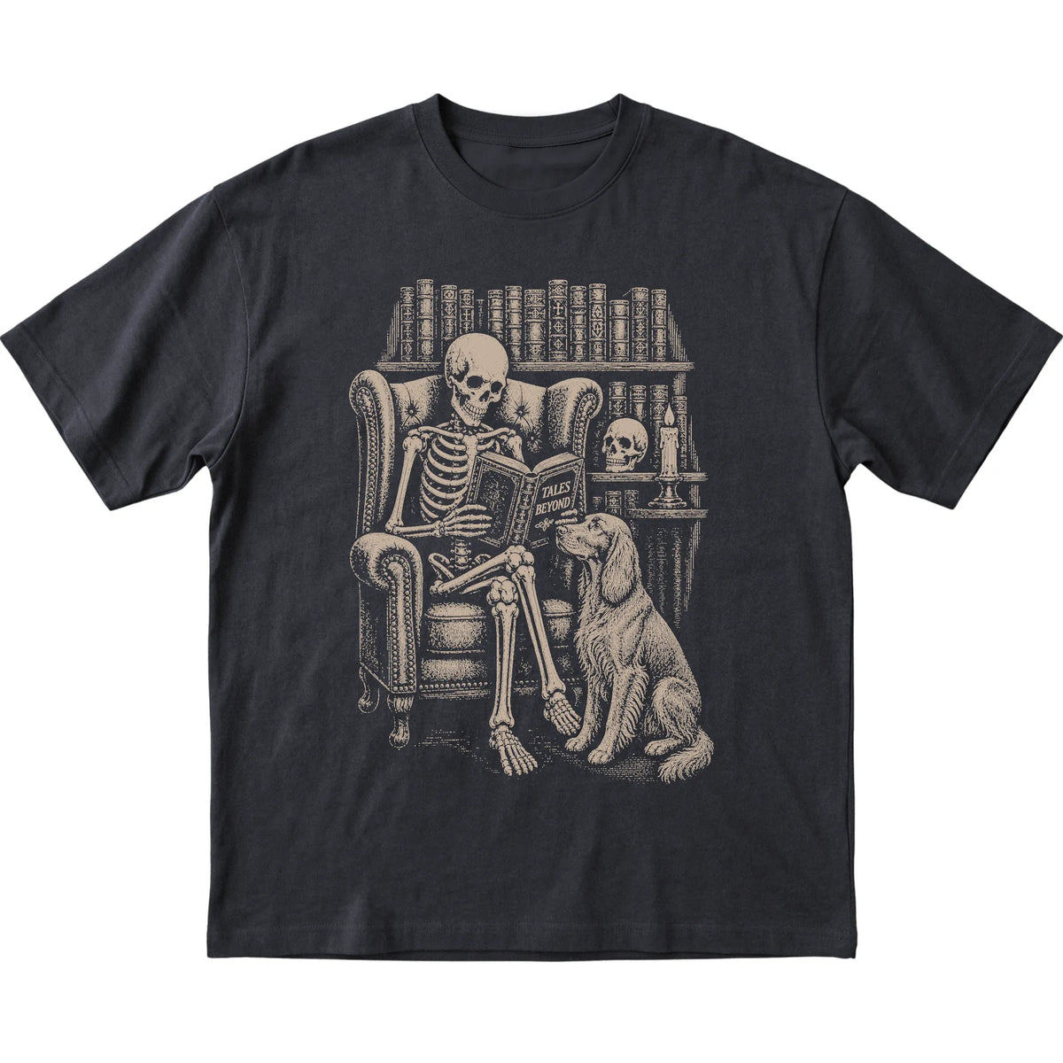 Skeleton reading Tales Beyond to an Irish Setter on a Black T-shirt