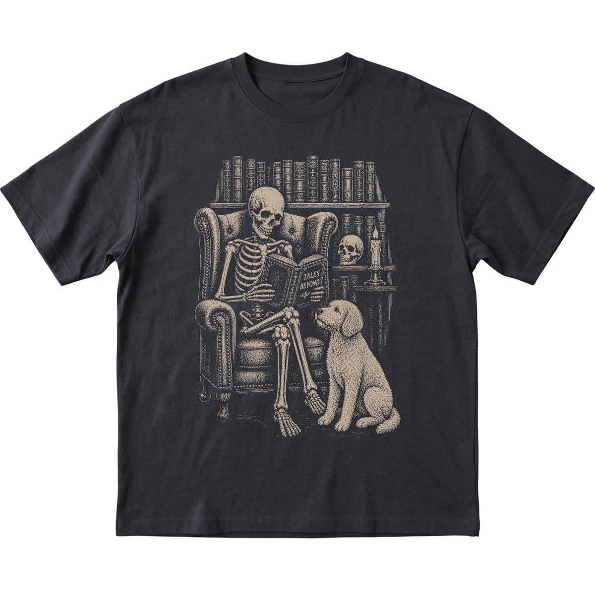 Skeleton reading Tales Beyond to a Labradoodle on a Black T-shirt