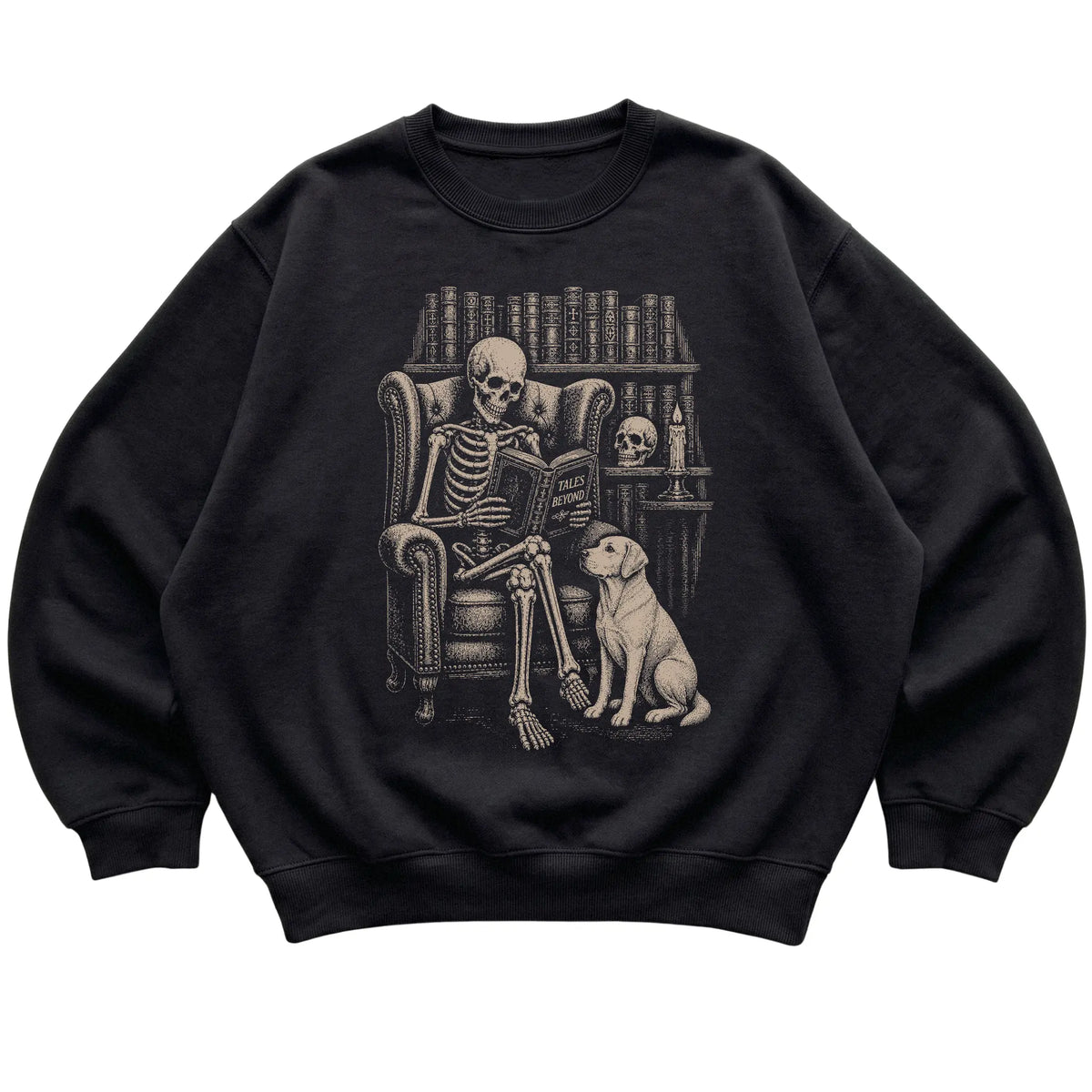 Skeleton reading Tales Beyond to a Labrador Retriever on a Black sweatshirt