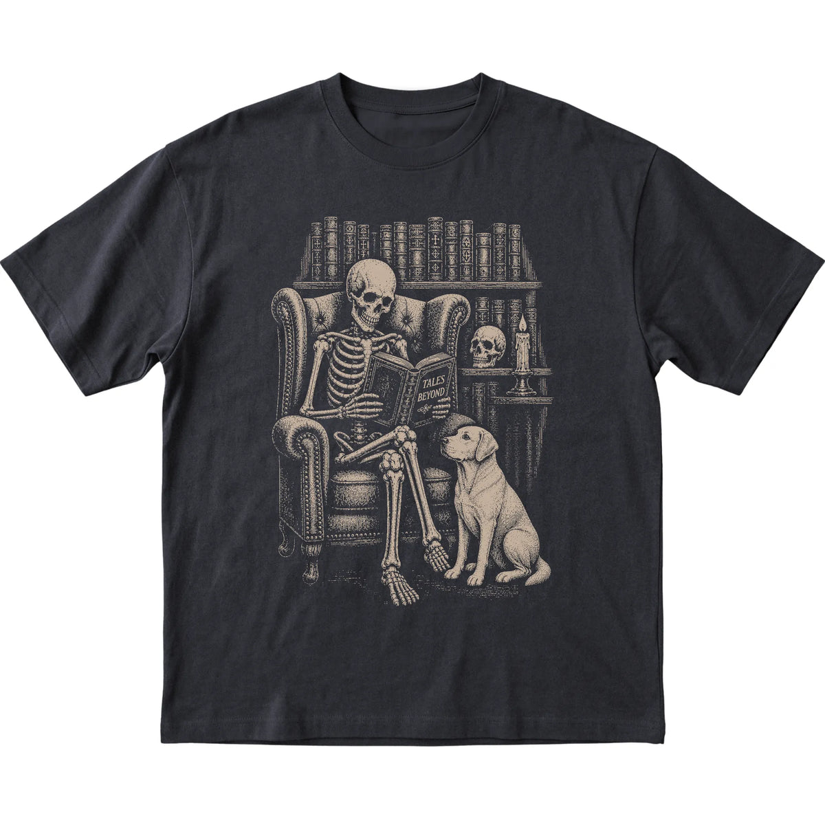 Skeleton reading Tales Beyond to a Labrador Retriever on a Black T-shirt