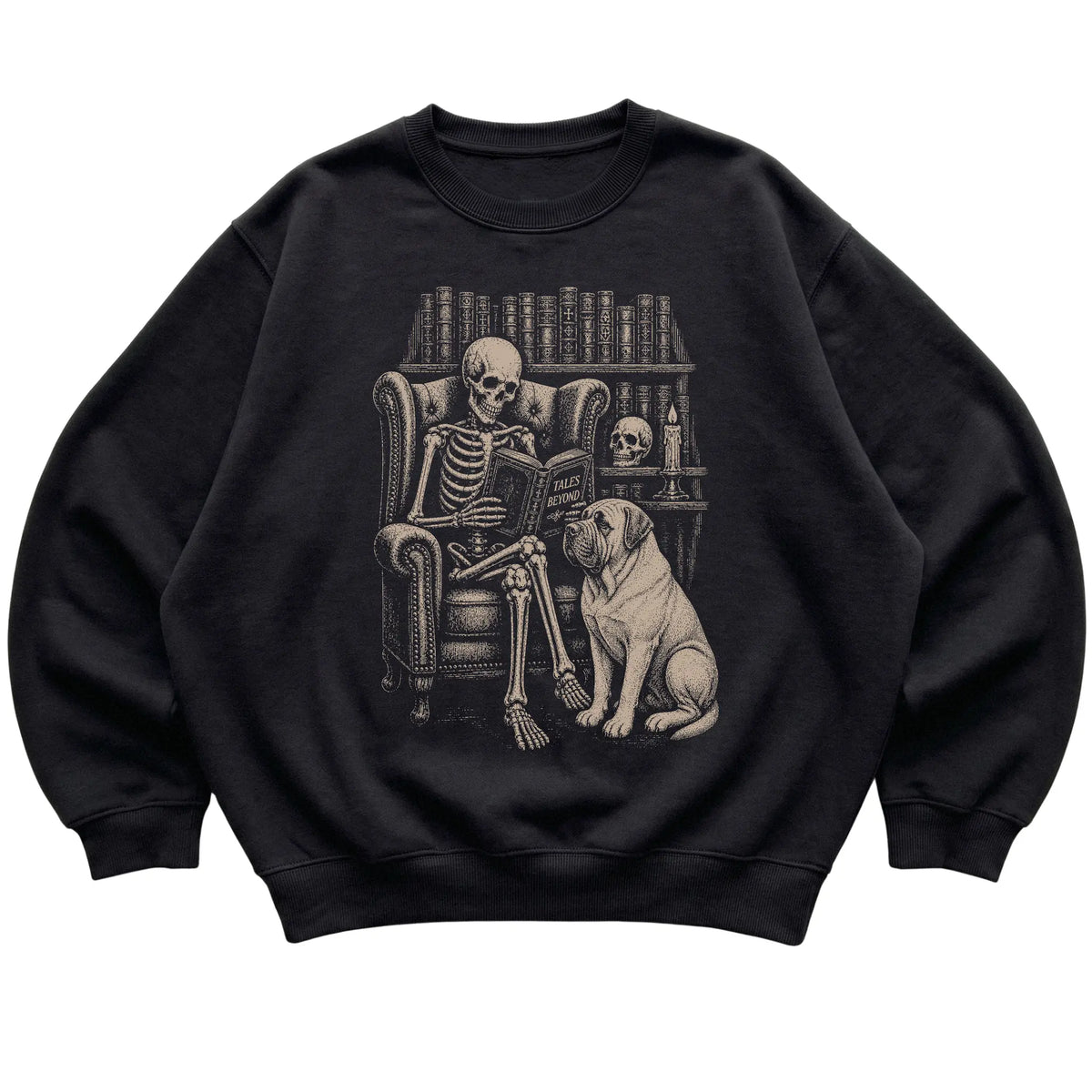 Skeleton reading Tales Beyond to a Mastiff on a Black sweatshirt