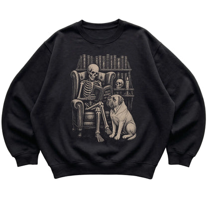 Skeleton reading Tales Beyond to a Mastiff on a Black sweatshirt