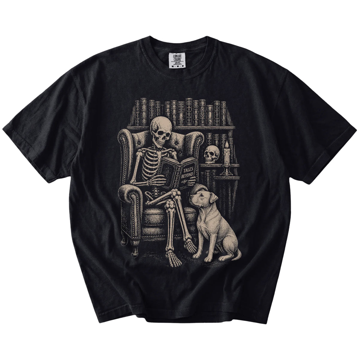 Skeleton reading in a library beside a Pitbull on a Black Comfort Colors® T-shirt
