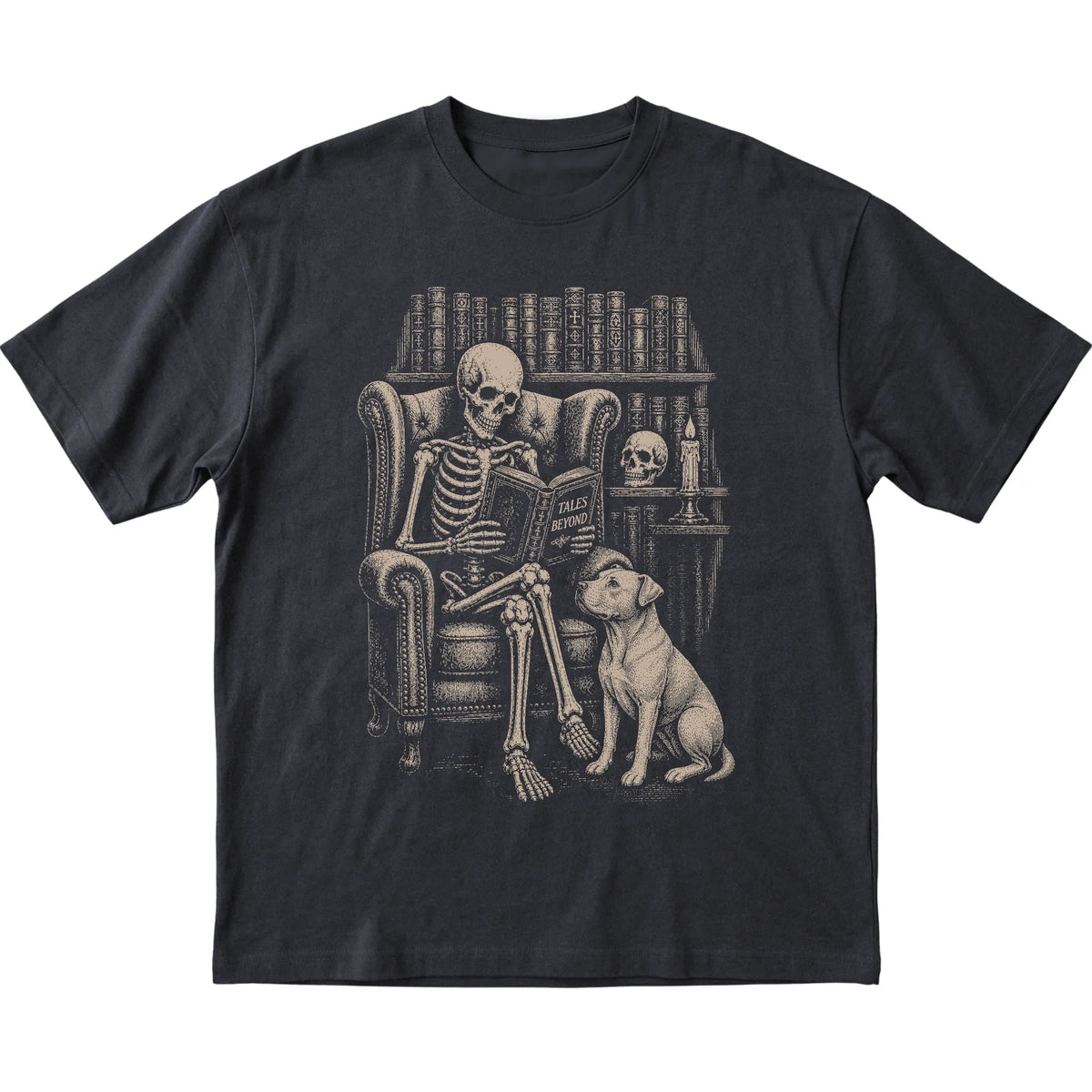 Skeleton reading Tales Beyond to a Pitbull on a Black T-shirt