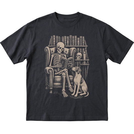 Skeleton reading Tales Beyond to a Pointer on a Black T-shirt