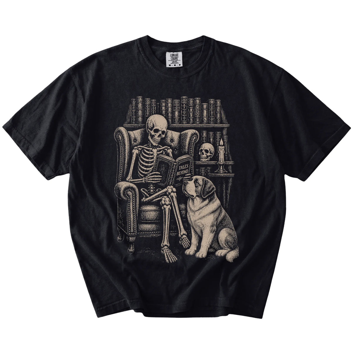 Skeleton reading in a library beside a Saint Bernard on a Black Comfort Colors® T-shirt