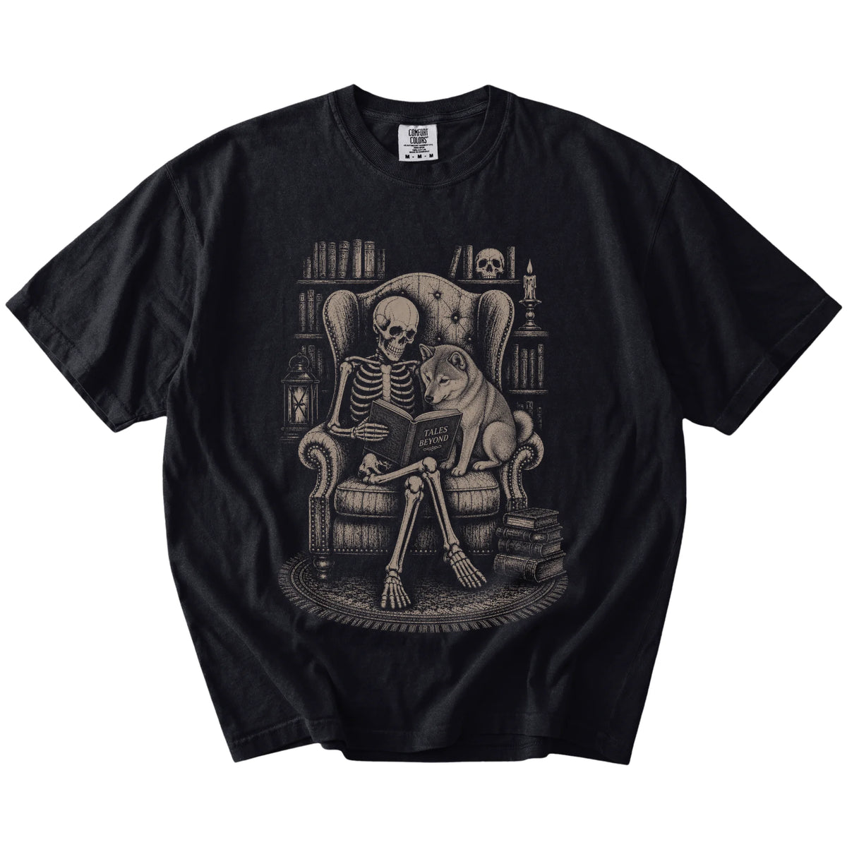 Skeleton reading in a library beside a Shiba Inu on a Black Comfort Colors® T-shirt