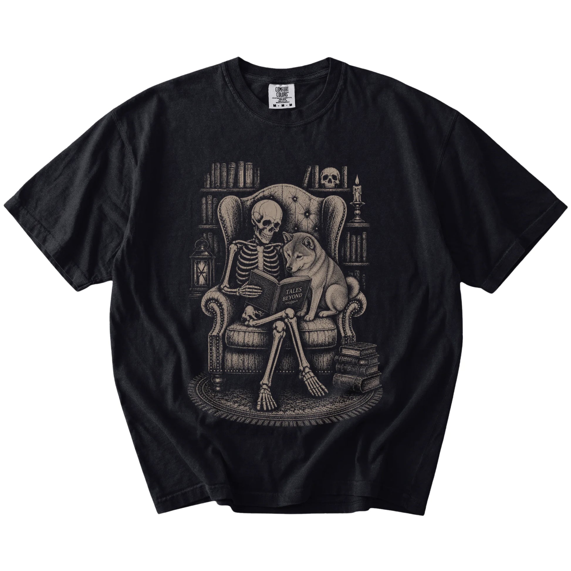 Skeleton reading in a library beside a Shiba Inu on a Black Comfort Colors® T-shirt