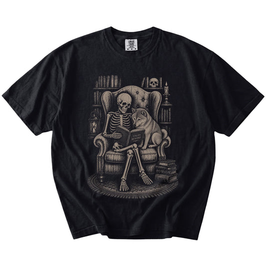 Skeleton reading in a library beside a Shiba Inu on a Black Comfort Colors® T-shirt