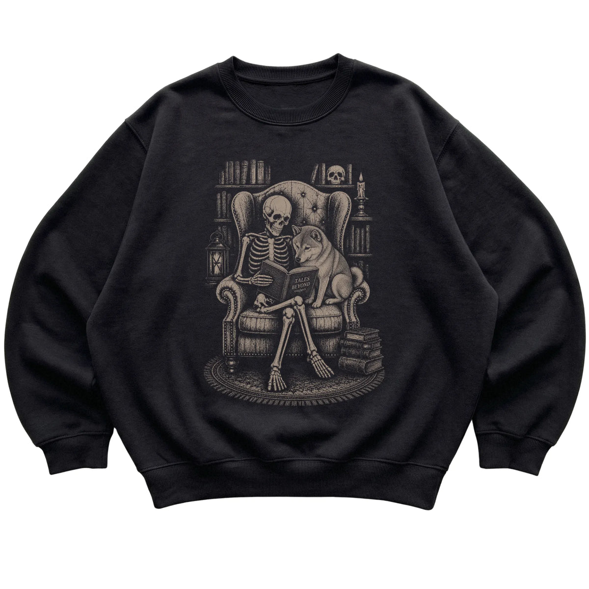 Skeleton reading Tales Beyond to a Shiba Inu on a Black sweatshirt