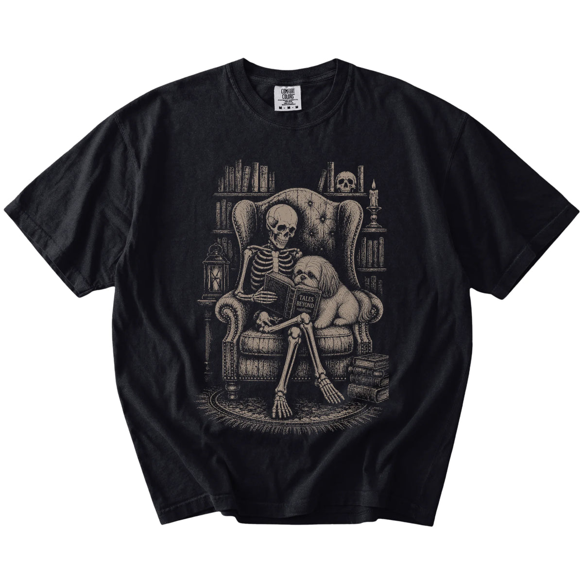 Skeleton reading in a library beside a Shih Tzu on a Black Comfort Colors® T-shirt
