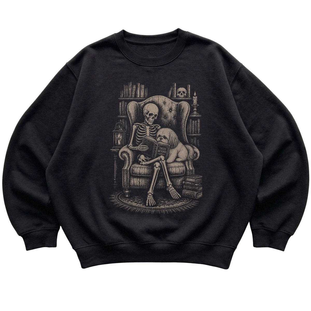 Skeleton reading Tales Beyond to a Shih Tzu on a Black sweatshirt