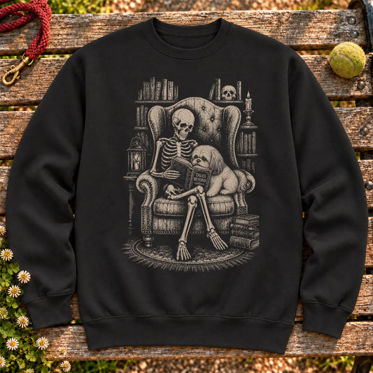 Shih Tzu Skeleton Reading Book on a Black crewneck sweatshirt, shown flat