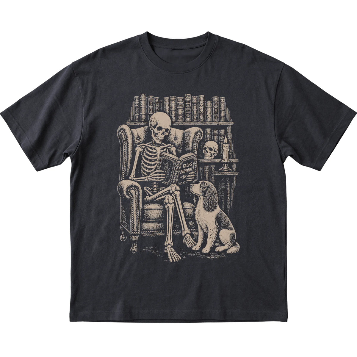 Skeleton reading Tales Beyond to a Springer Spaniel on a Black T-shirt