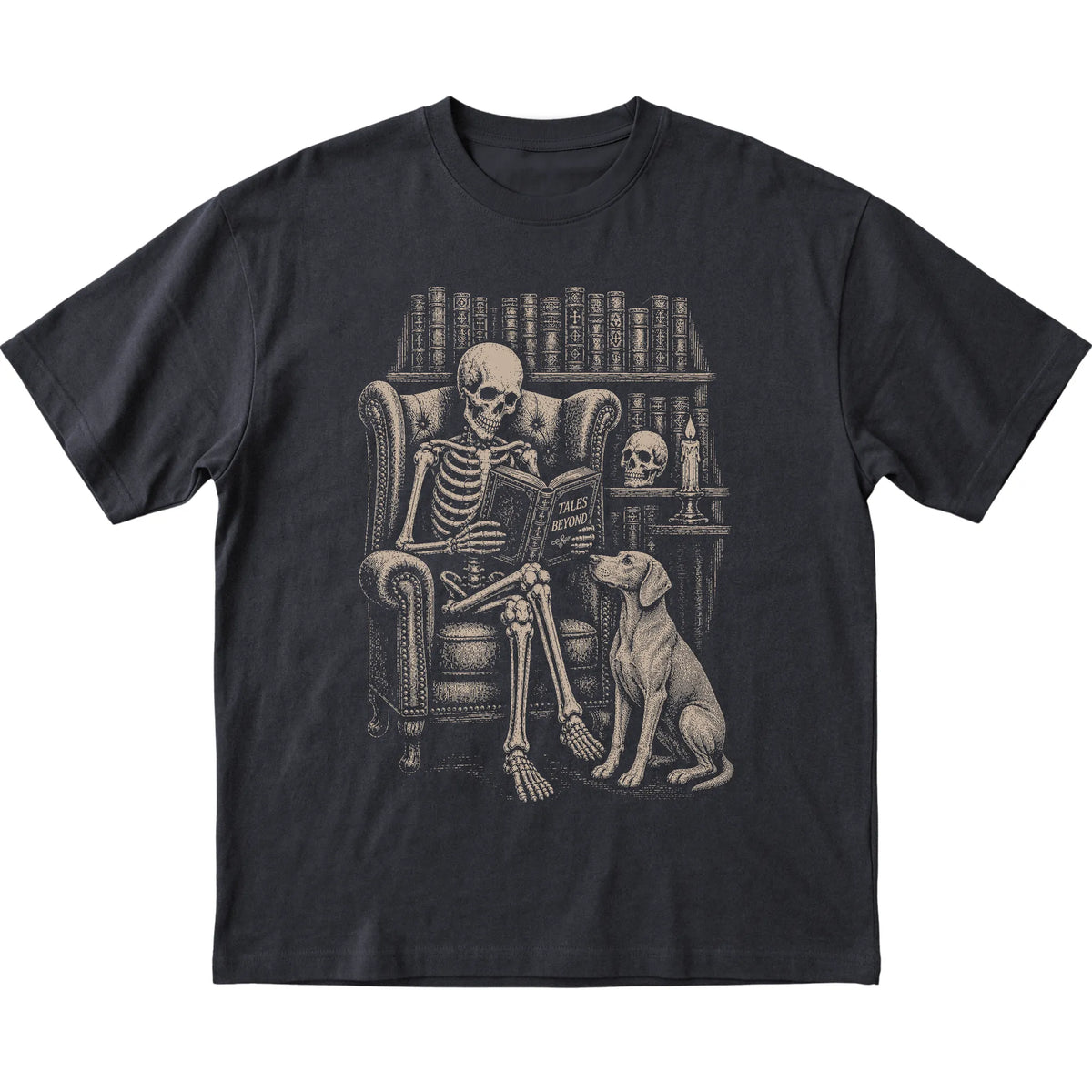 Skeleton reading Tales Beyond to a Weimaraner on a Black T-shirt