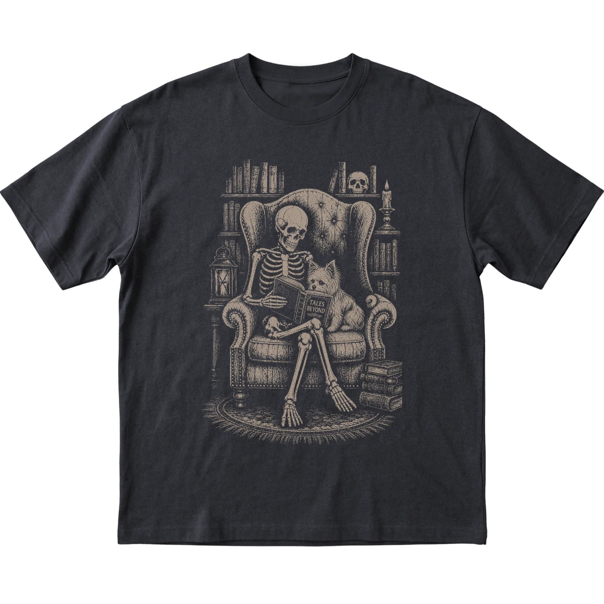Skeleton reading Tales Beyond to a Yorkie on a Black T-shirt