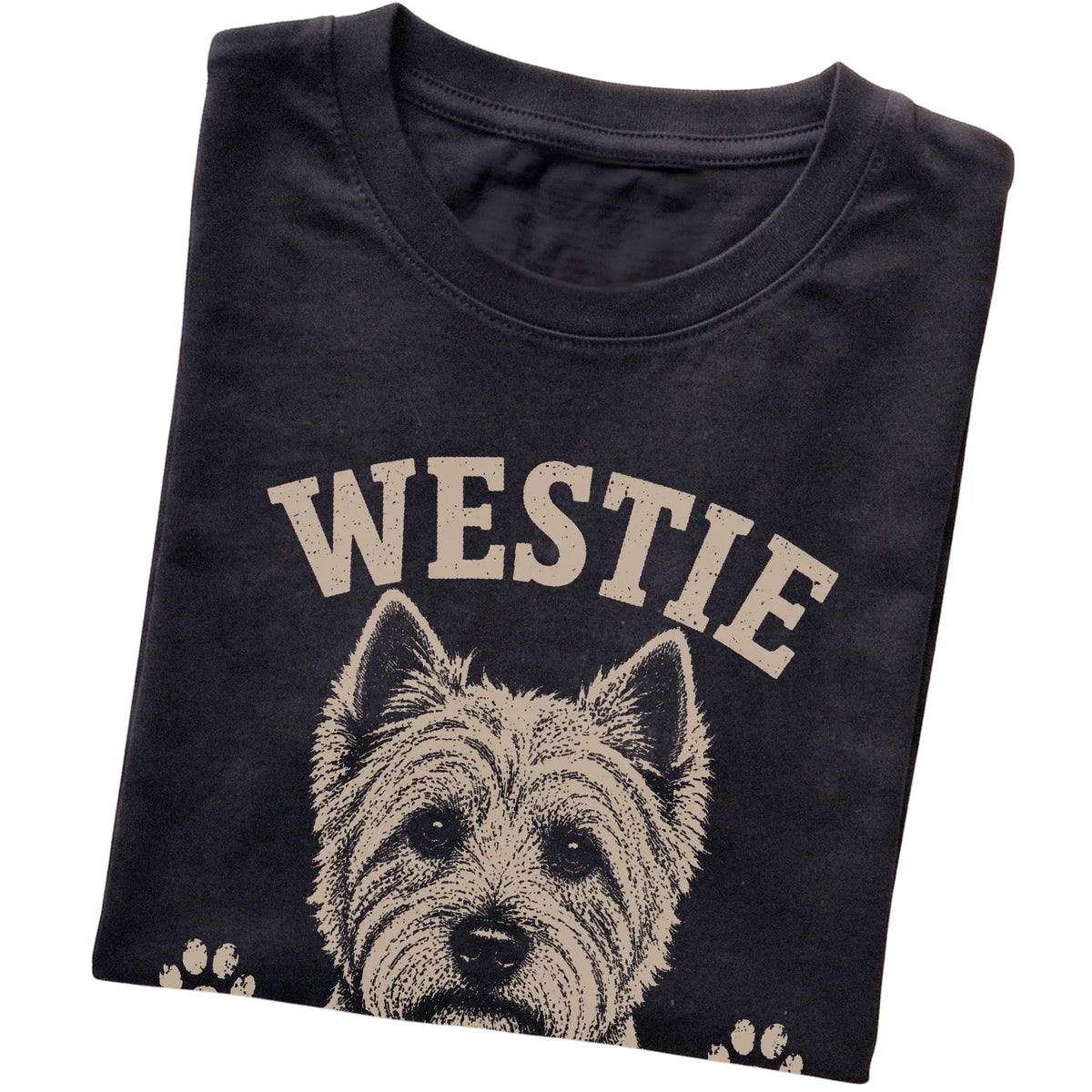 Black T-shirt featuring Small, Bright & Full Of Nerve - Westie, folded presentation