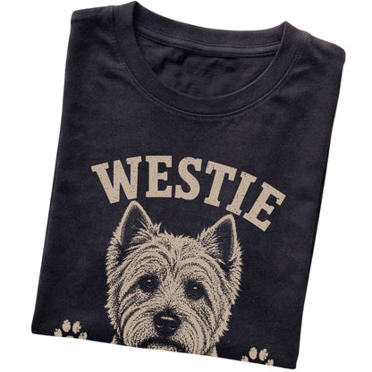 Black T-shirt featuring Small, Bright & Full Of Nerve - Westie, folded presentation