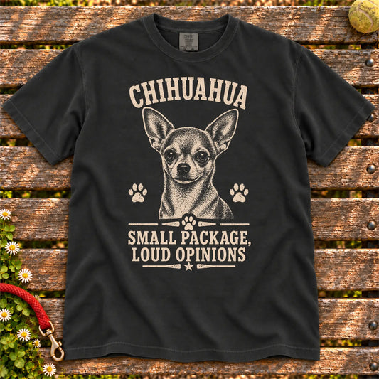 Chihuahua design with “Small Package, Loud Opinions” lettering on a Black Comfort Colors® T-shirt